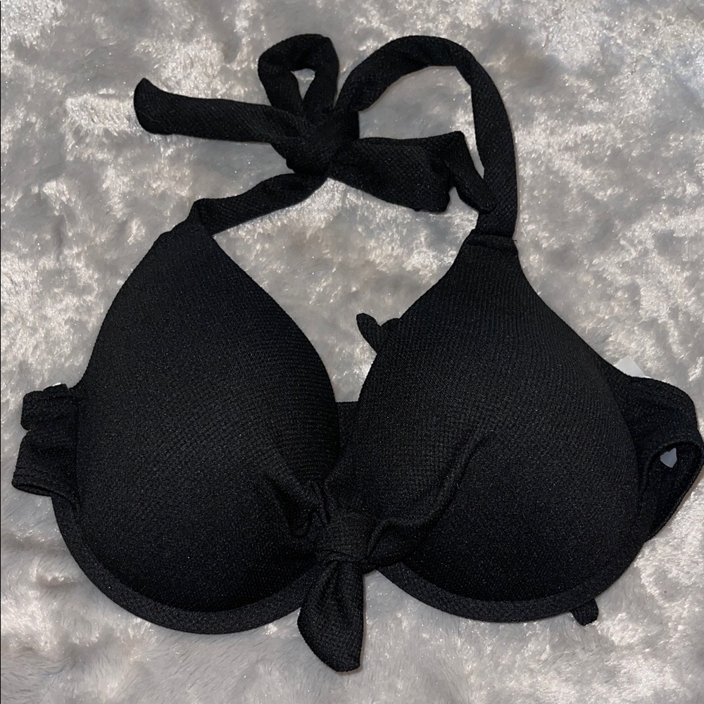 NWT SHEIN Black Halter Bikini Top Tie Front Padded Swim Size L